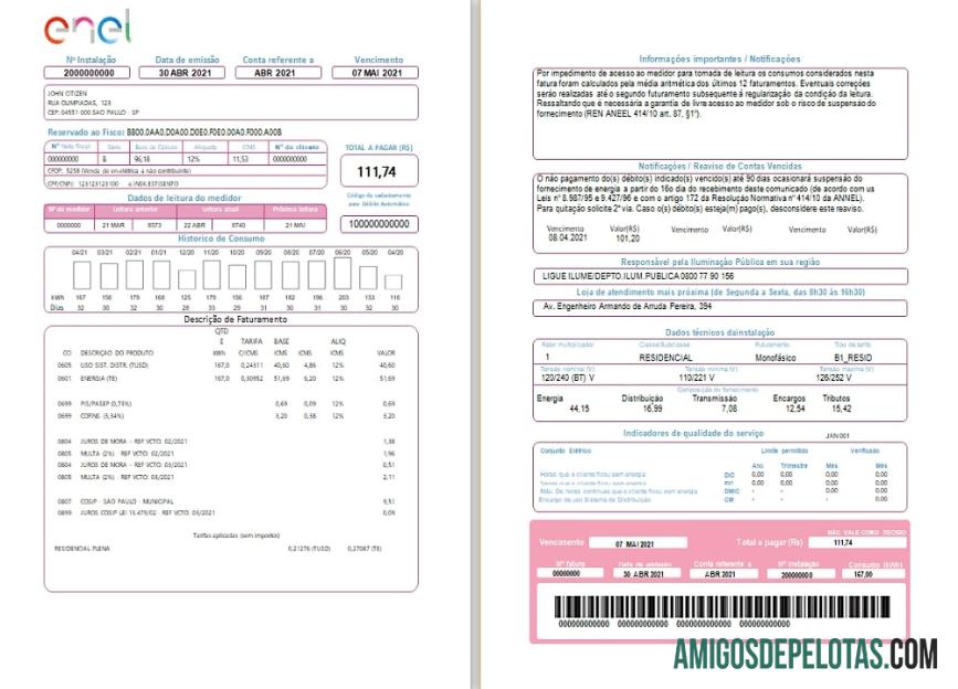 Conta de serviços públicos de eletricidade ENEL Brasil (2 páginas) exemplo real